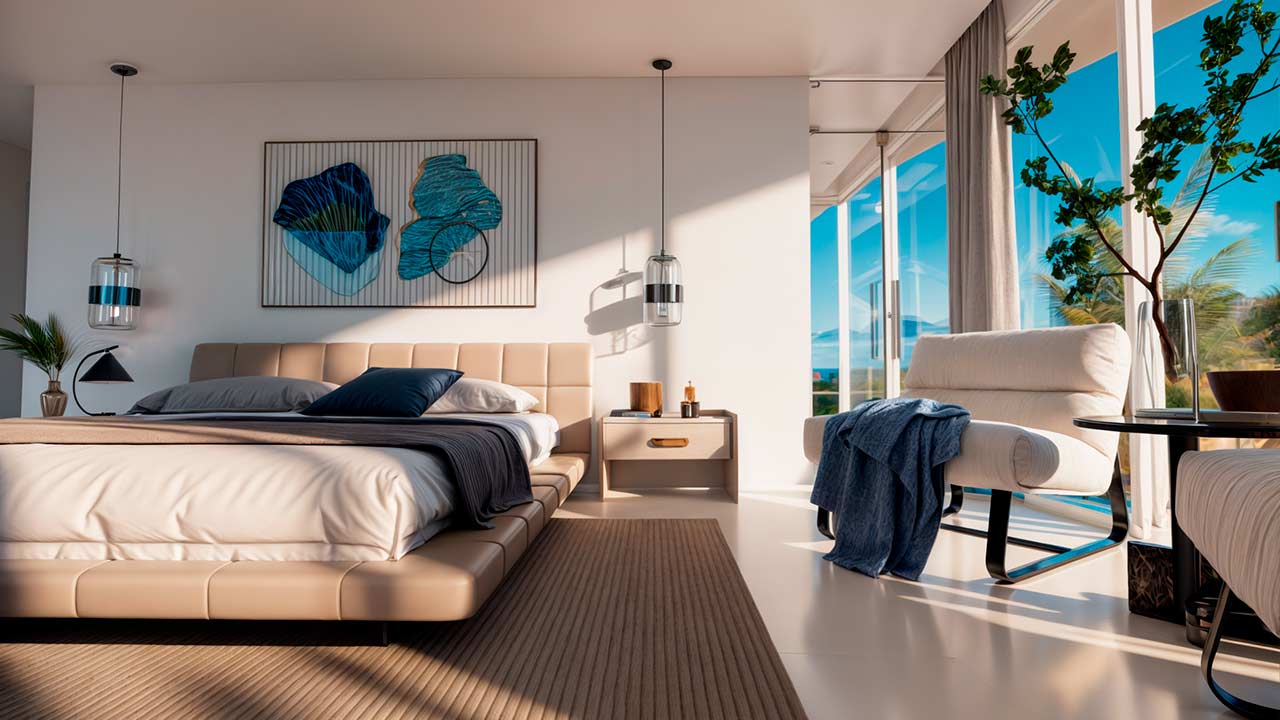 Sala de una residencia de Ikonic Tower con salida a terraza